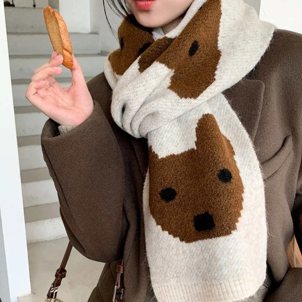 

Trendy Lightweight Puppy Pattern Scarf Korean Style Warm Cashmere Blend Scarf Cute Windproof Knitted Shawl Women/Men