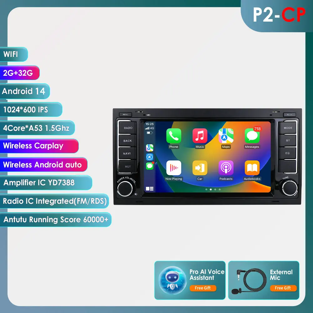 Carplay DSP 7 ''2Din Android 14 Autoradio GPS voor VW Volkswagen Touareg Transporter T5 Multivan Naviagtion Speler audio WIFI DVD