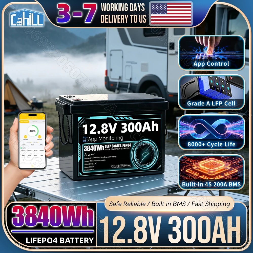 APP Control 12V 300Ah Grade A LiFePO4 Battery Pack Built-in 4S 200A Smart BMS 8000+ Deep Cycle 12.8V Rechargeable Lithium Iron Phosphate Battery DIY 24V 48V For RV Camping Golf Cart Solar Home Energy Storage Battery US Stock