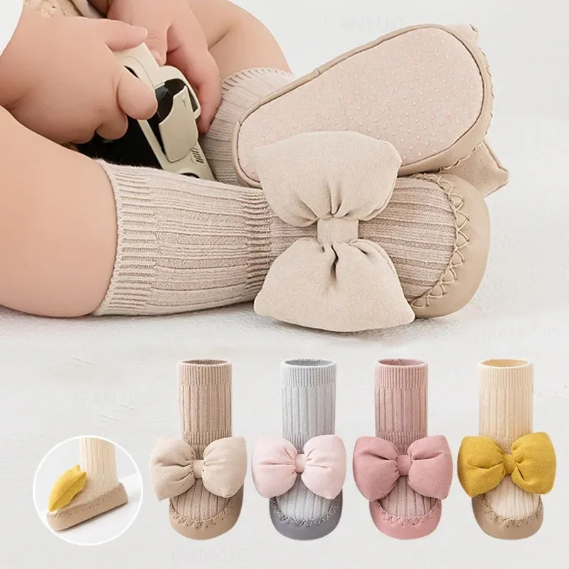 Autumn Baby Bow Middle Tube Socks Shoe Girls Princess Anti Slip Floor Shoes Soft Soled Children Toddler Shoes Kids First Walkers