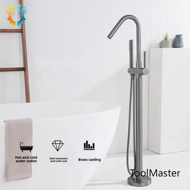

【2026】Contemporary Concealed Floor Mount Bathtub Faucet Hand Shower Gray Single Handle Hot Cold Tub Side Vertical Waterfall