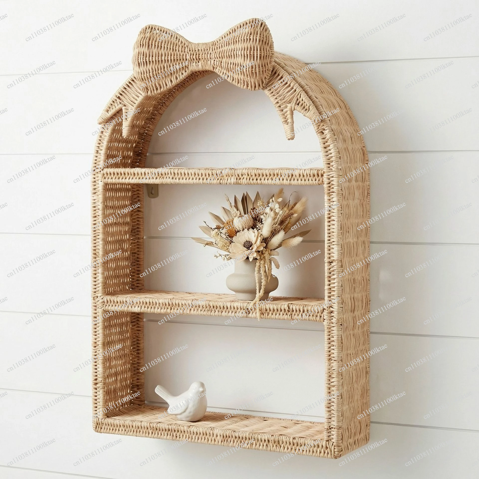 Bow Rattan Wall Decoration Shelf Children's Room Homestay Woven Three-layer Wall Hanging Storage Rack Rattan Wall Hanging