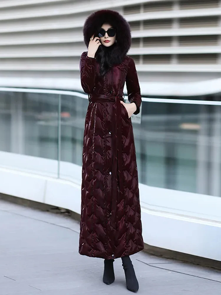 Winter Long Big Fur Collar Hooded Unwashed Down Jacket Female Slim Warm Knee Length Outwears Women Thick Cotton Padded Jackets