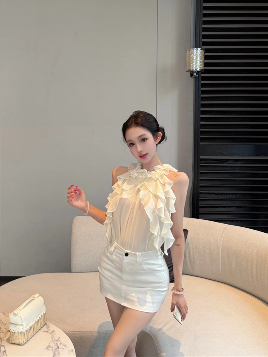 Romantic Neck Hanging Lace Trim Chiffon Shirt Women's Sexy Semi-Transparent Shirt Slimming Sleeveless Top Commute Style