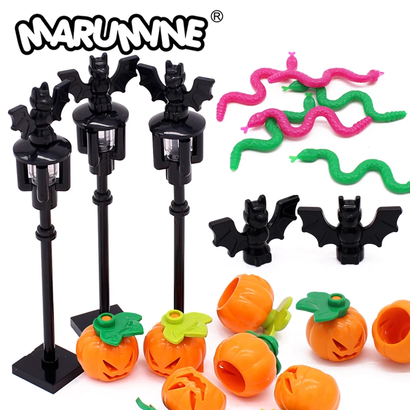 Marumine Halloween MOC Bricks Accessories Pumpkin Bat Snake 30103 20693 30115 Street Lamp Animals Classic Build Blocks Parts