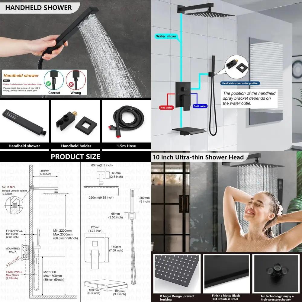 

10 Inch Matte Black Wall Mount Tub Shower System with Rainfall Head and Handheld Sprayer, Includes Rough-In Valve
