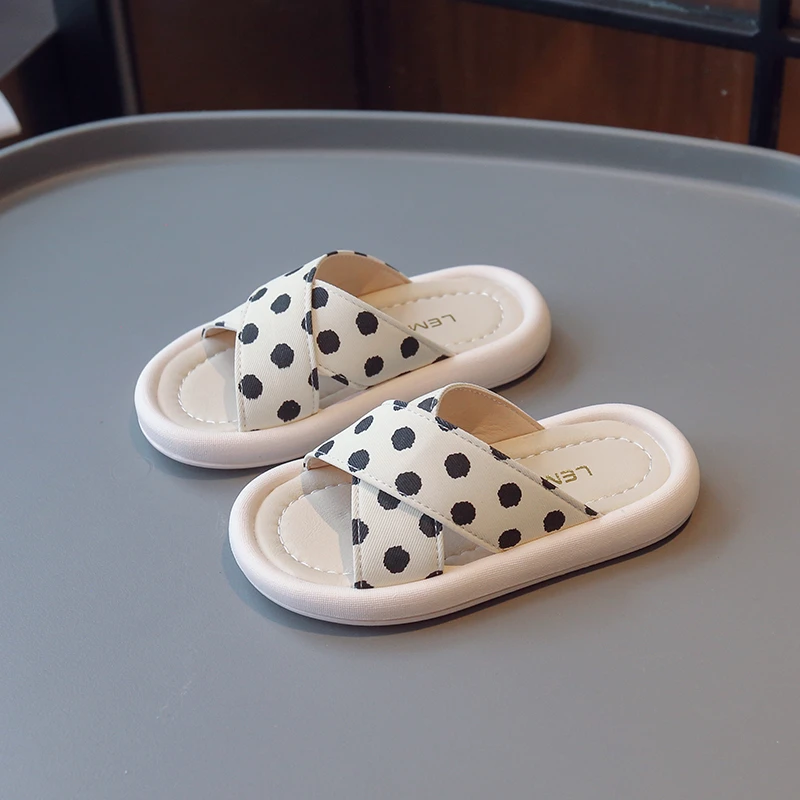 Toddler Girl Bedroom Slippers Children Polka Dot Princess Beach Shoes Open Toe Slide Slippers Nonslip Cross Slippers for Kids