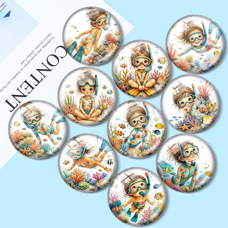 Watercolor Snorkeling Girl 12/18/20/25mm glass cabochon  bracelet pendant rings for jewelry demo earrings back Making findings