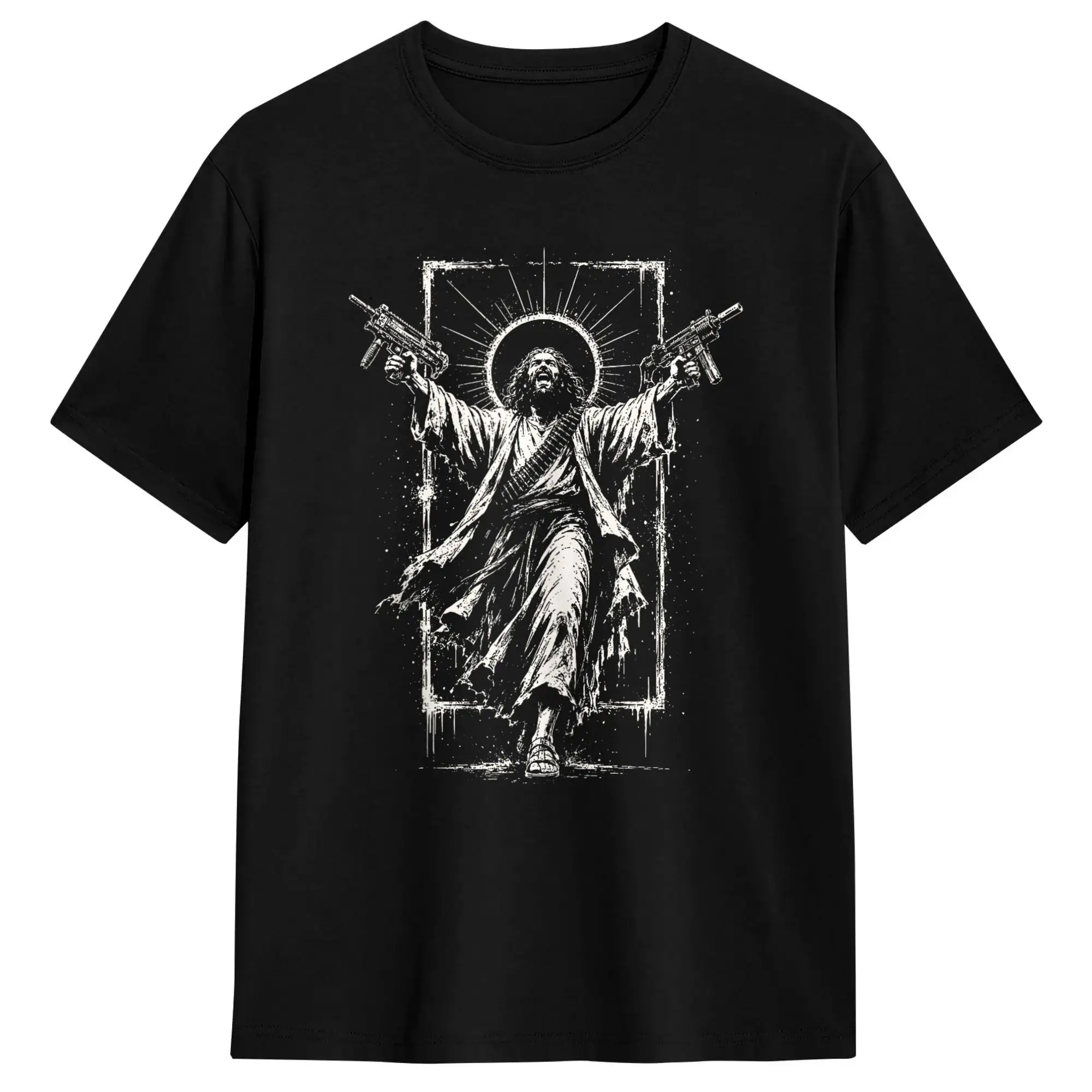 Oversized T Shirt Summer Uzi Jesus Christian Religion God Faith Novelty T Shirts  100% Cotton Tshirt Men's Awesome Big Size Tops