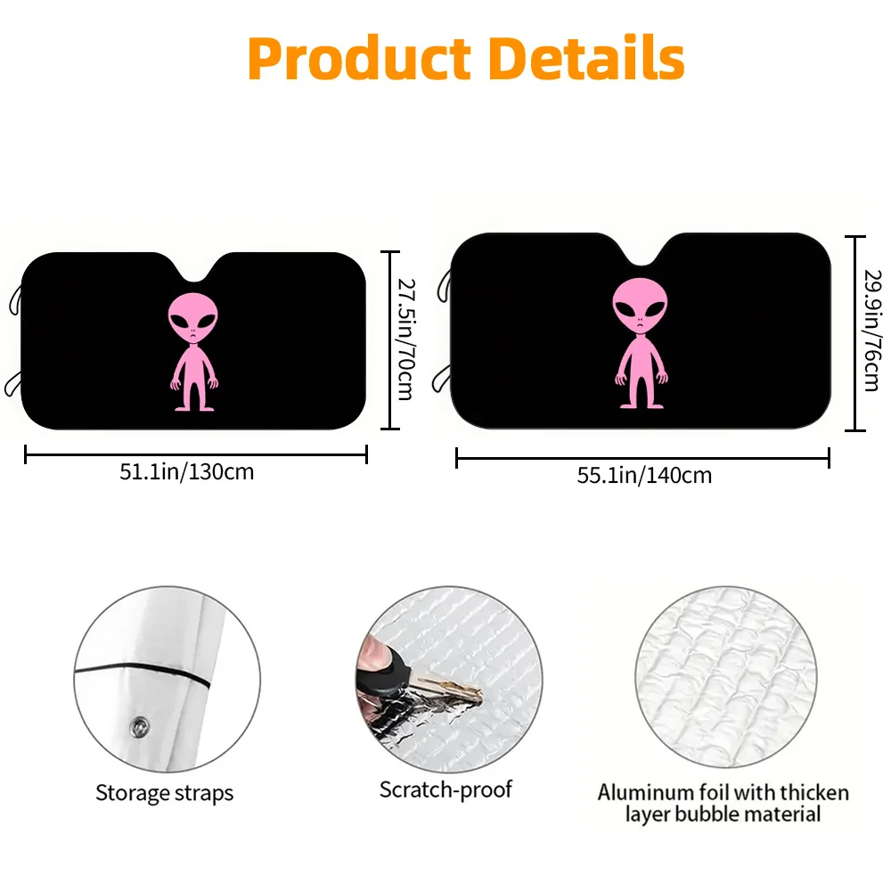 A Car Sunshade Featuring A Pink Alien Design, A Front Windshield Sun Blocker With High-Definition Printing To Block Sunlight, Su