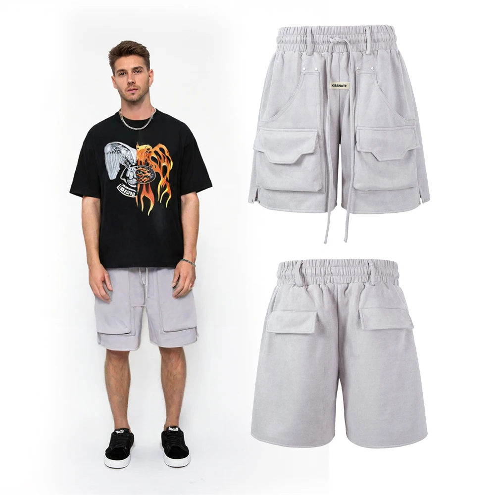 

Летние уличные шорты-карго из замши с карманами, в стиле High Street, повседневные функциональные однотонные шорты для мужчин