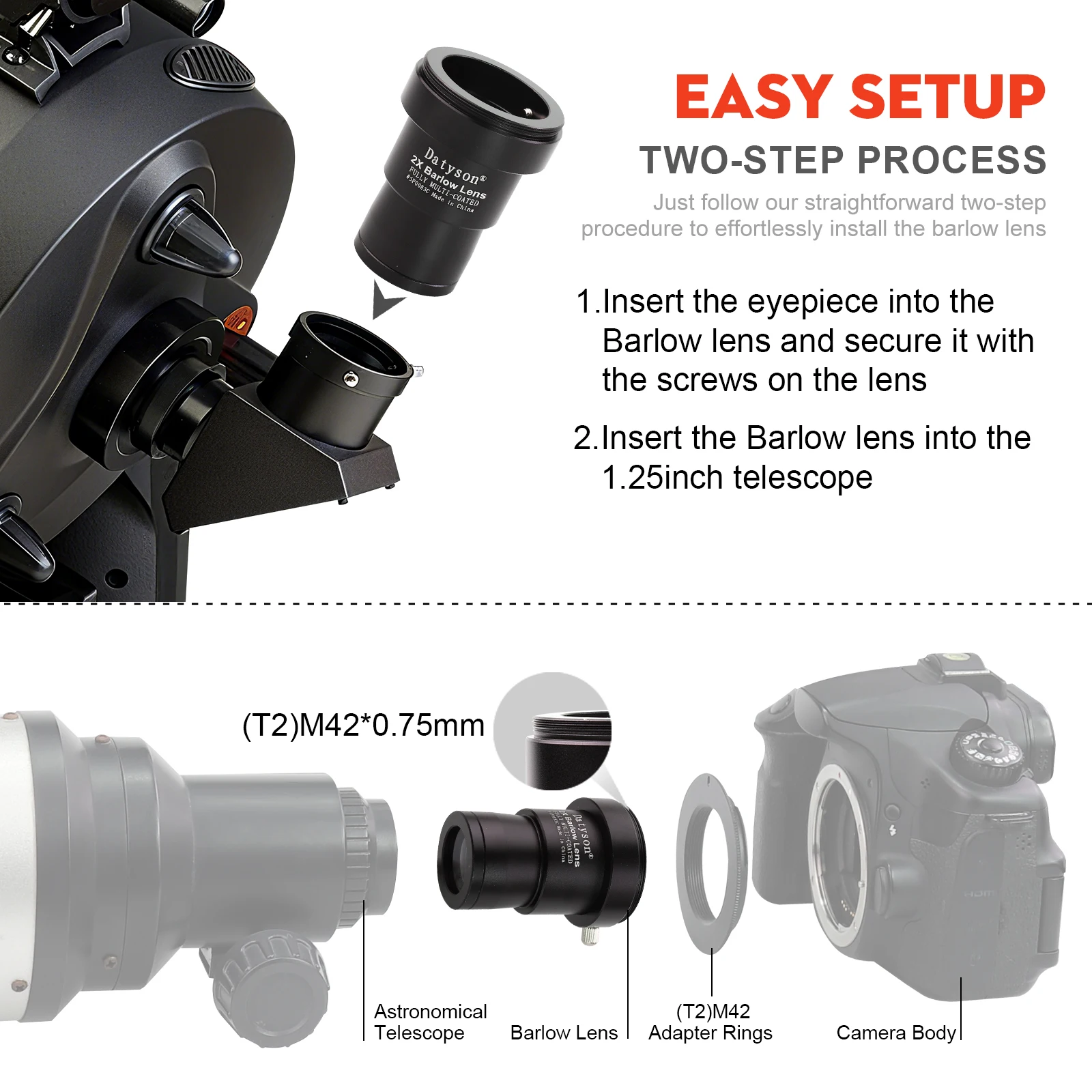 Datyson 5P0083BCD 1.25 بوصة 2x/3x/5x تلسكوب فلكي عدسة بارلو معدنية لمراقبة الكواكب المهنية