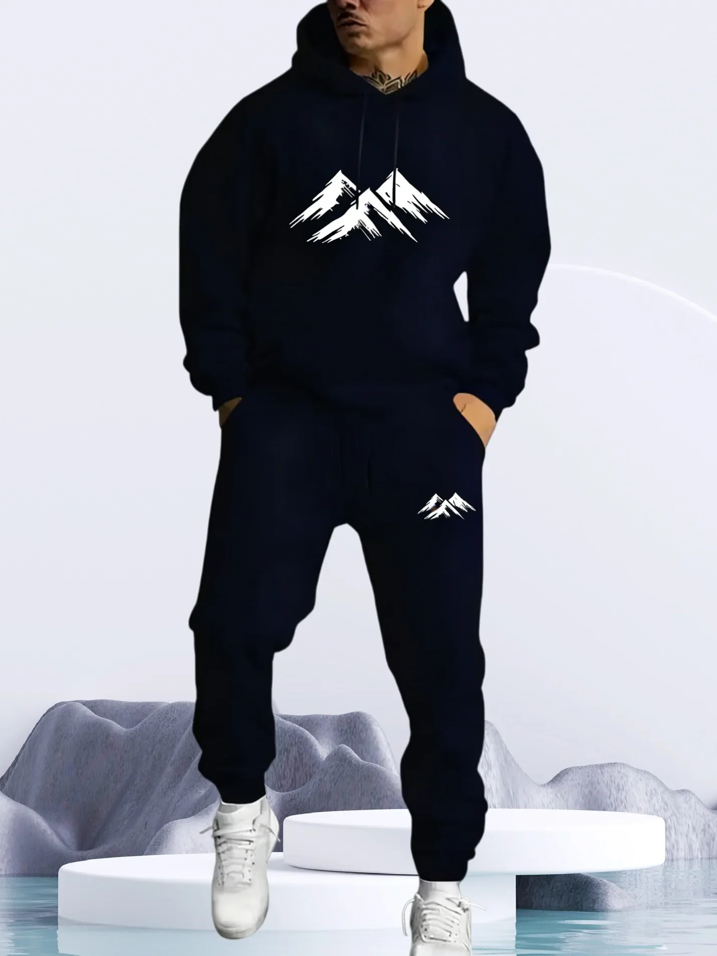 2026 Mountain Printed Sportswear Set Men's Hooded Sweatshirt Long Pants Set Spring and Autumn Winter Warm Suit
