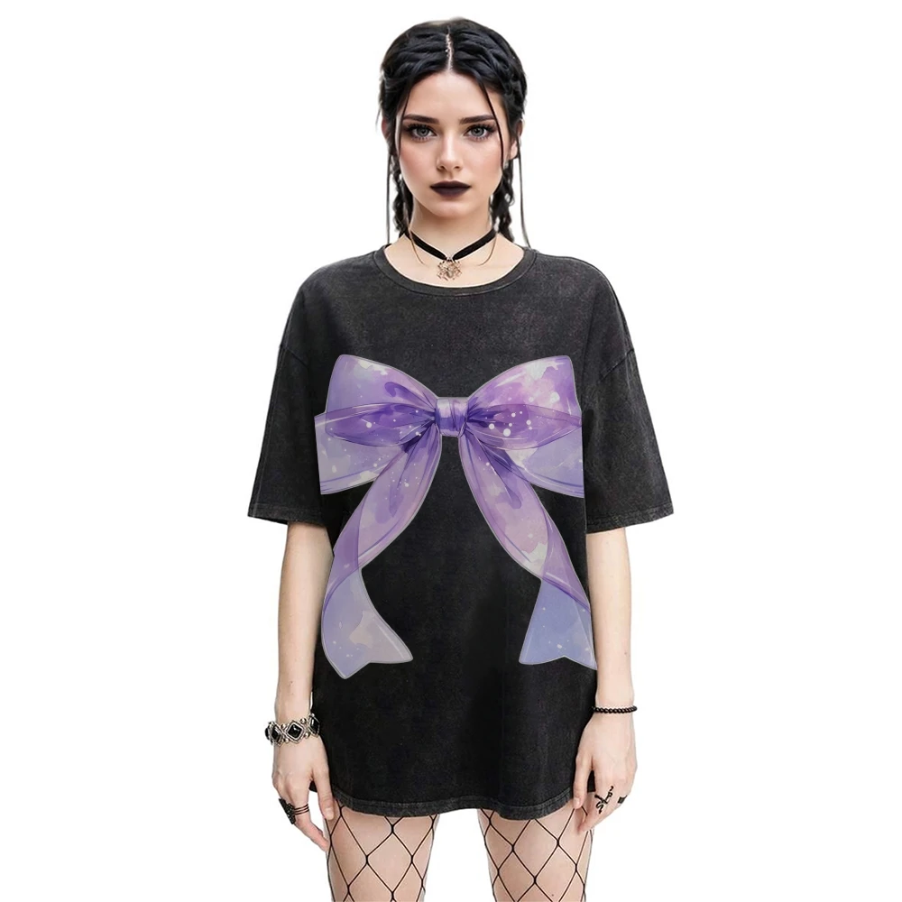

Y2K Graphic Tees Purple Bow Tee Premium Cotton, High - Quality Oversize Washed Tee. Iridescent Purple Bow, Cute Y2K Style.