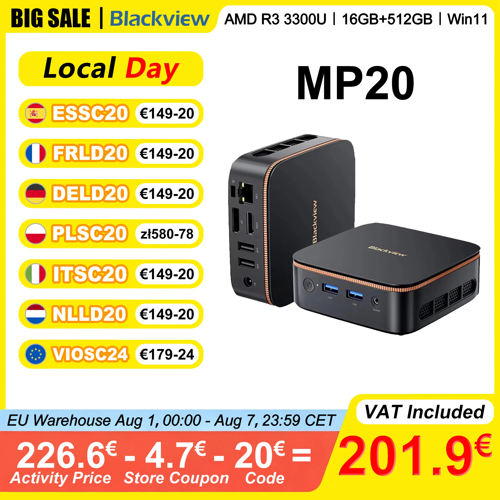 Mini PC Blackview MP20, AMD R3 3300U, 16 GB (compatible con un máximo de 32 GB) DDR4, SSD de 512 GB, Windows 11, 4K UHD