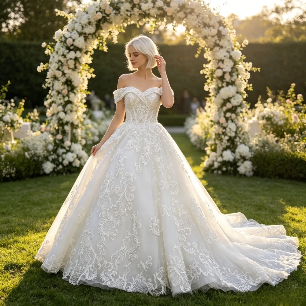 Customized Luxury Off Shoulder Lace Wedding Dress Sweet Neckline and Backless Decal for Brides 2026 Style Suitable for Parties