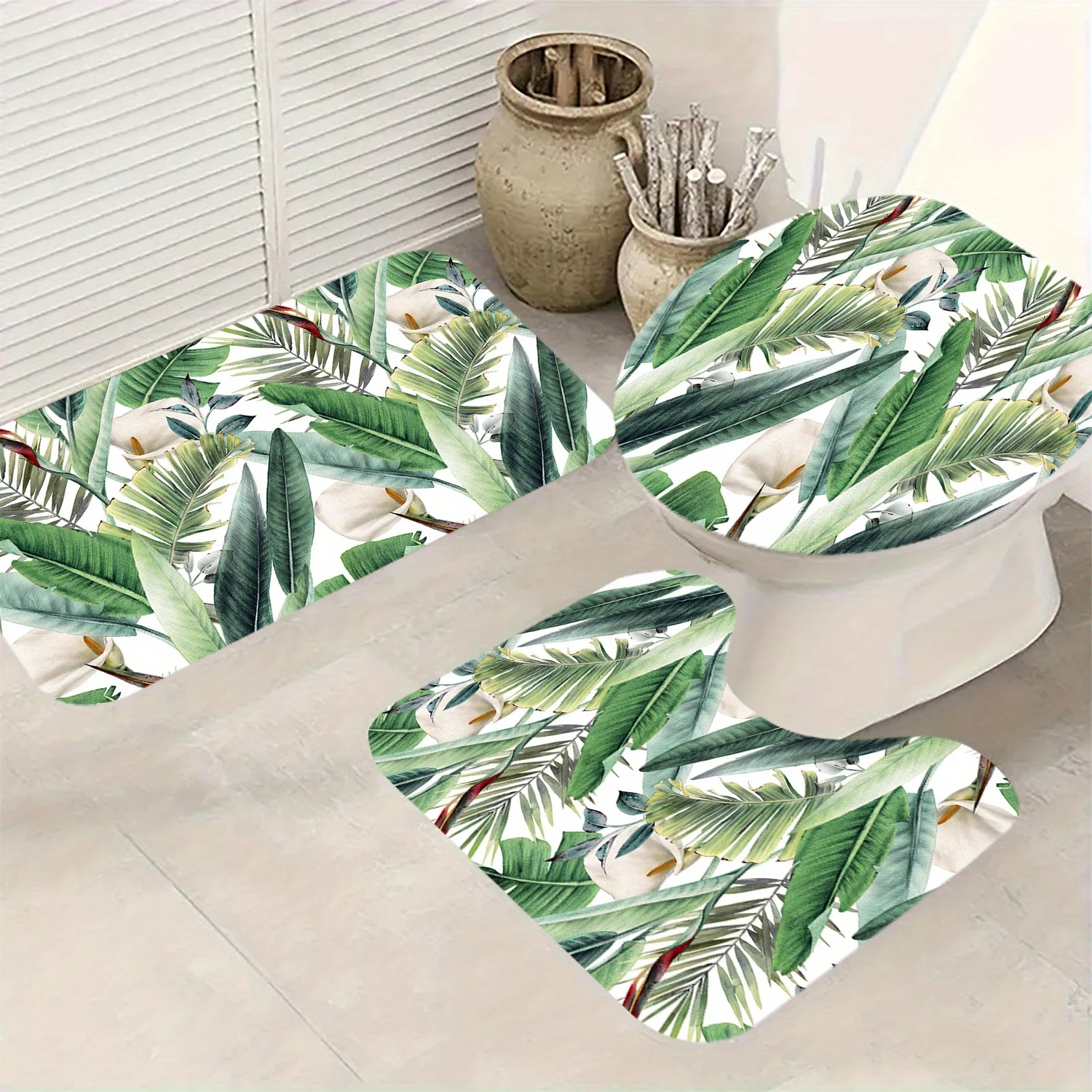 

Набор для ванной комнаты из 3 предметов с принтом тропических листьев: нескользящая крышка для унитаза, коврик для пола, U-образный коврик, декор для дома