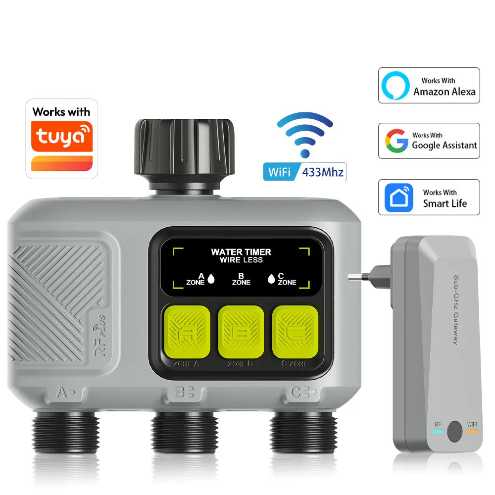 Tuya WiFi+RF433 3 Zone Smart Irrigation System Garden Water Timer Automatic Watering System Works with Tuya