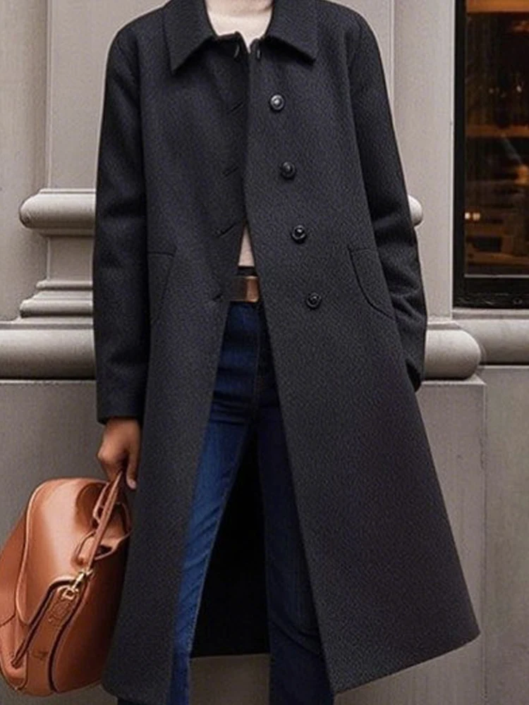 

Модное пальто с карманами для поездок на работу, осеннее элегантное свободное пальто с воротником с лацканами и длинными рукавами, осенняя повседневная однотонная куртка миди