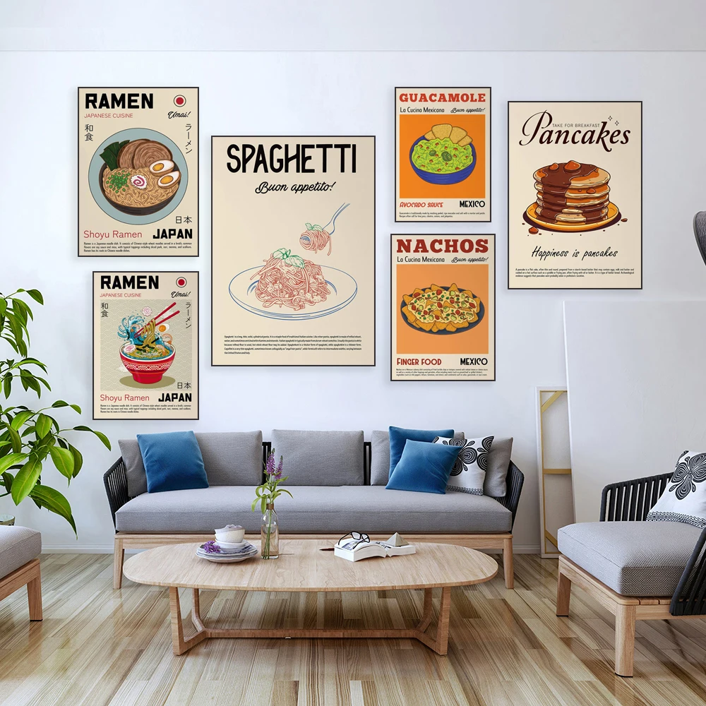 Pizza, Japanese ramen, pancakes, pasta, ratatouille, guacamole, tacos, Bon Appetit, food print, vintage kitchen decoration poste