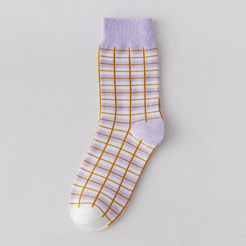 Spring Japan Korea Harajuku Kawaii Cute Socks Women Stripe Lattice Purple Middle Tube Socks Comfortable Breathable Happy Socks