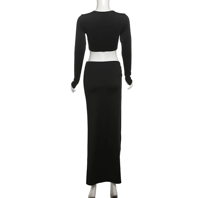 Vestido de noite preto sexy oco lado dividido 2 peças topo + longo vestido de festa de baile casual férias praia robe de mariée saia