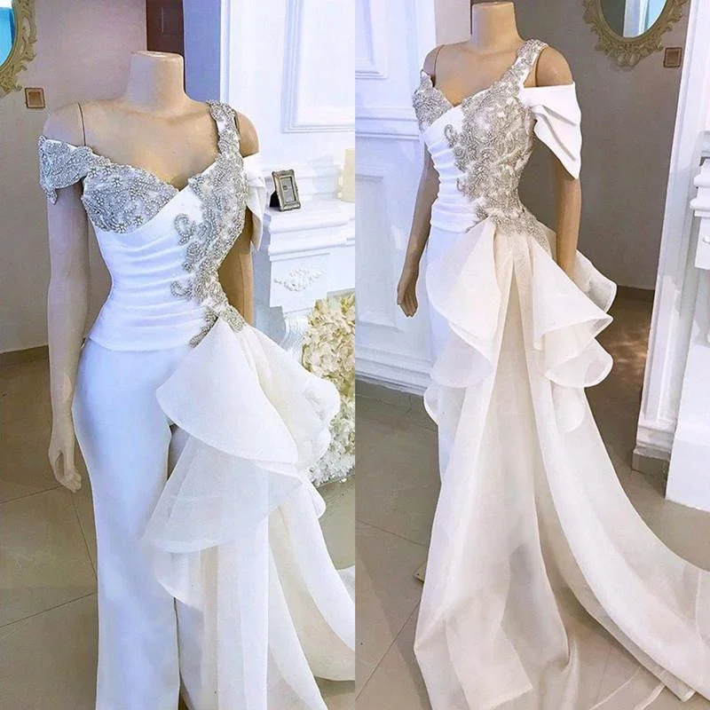 White Wedding Jumpsuit with Crystal Detachable Side Peplum Tail 2020 Off shoulder Mermaid Bridal Gowns