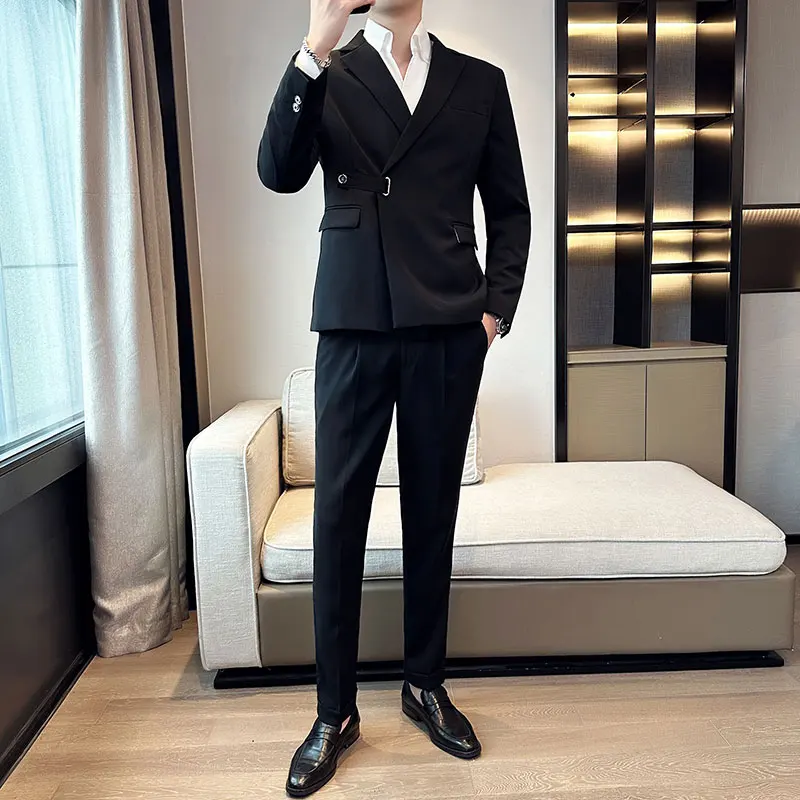British Slim-Fitting Suit Two-Piece Suit Men\'s Suit Korean Casual Diagonal Button Suit men clothing mens suits