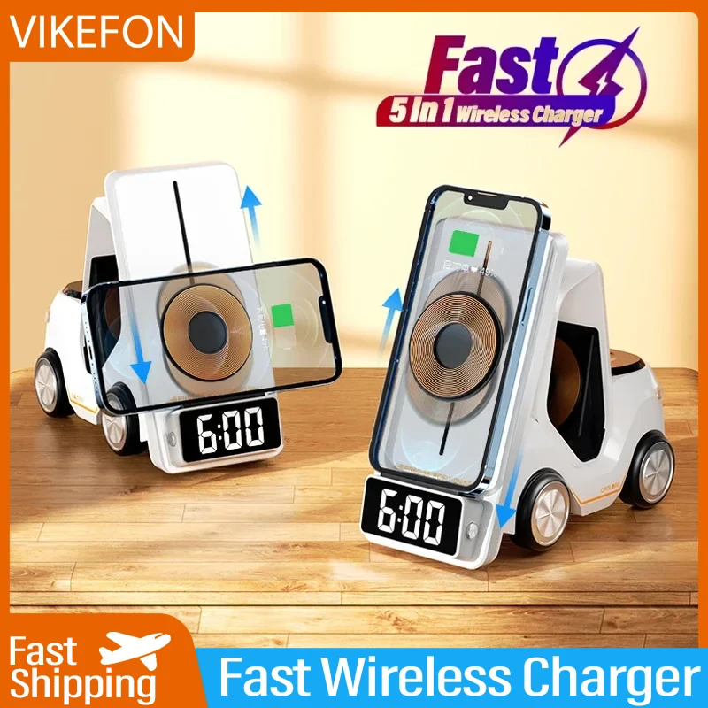 VIKEFON Wireless Chaarger Stand 5 In 1 Alarm Clock For IPhone 15 14 13 12 Pro Max iWatch 8 7 6 5 Airpods Fast Charging Station