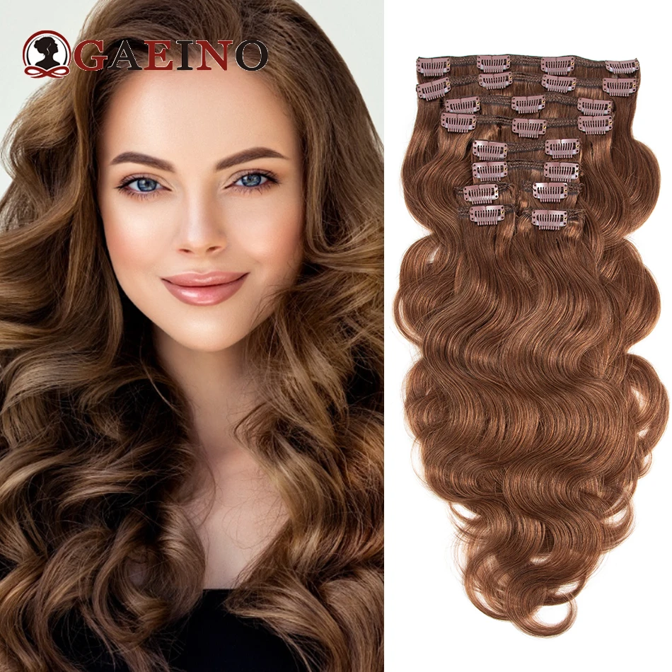 Grampo em extensões de cabelo para mulheres, cabelo humano real, peruca marrom, cabeça cheia, 14-28in, 10 pçs/set