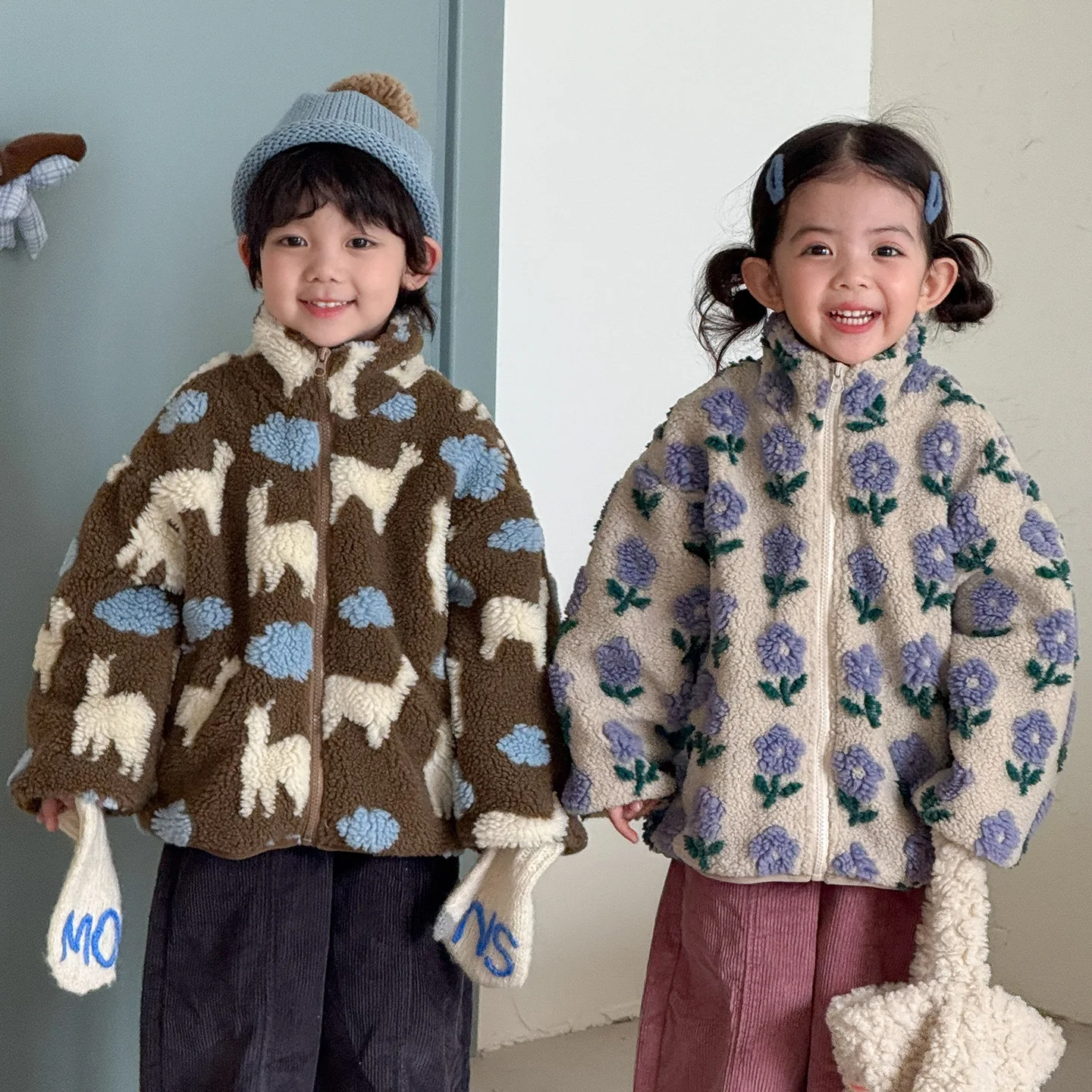 Bellbell Children Lamb Thick Woolen Coat Winter Floral Print Zipper 2-10Y Girls Outerwear Coat Animal Toddler Boys Fleece Jacket