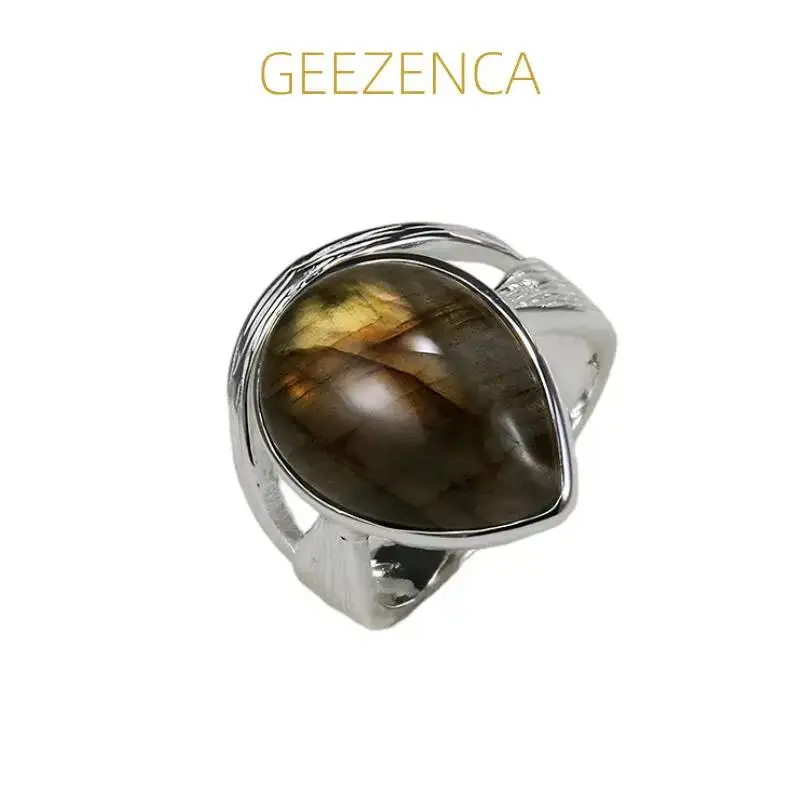 GEEZENCA 925 Sterling Silver Labradorite Solitaire Stone Open Ring For Women Unique Wide Chunky Adjustable Rings Party Her Gift