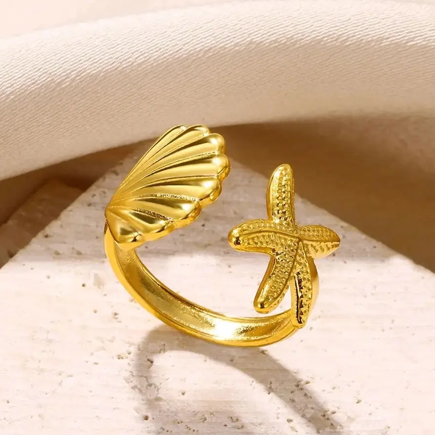 Vintage Starfish Shell Rings For Women Gold Color Stainless Steel Shell Openning Ring Wedding Ocean Summer Jewelry Gift 2024