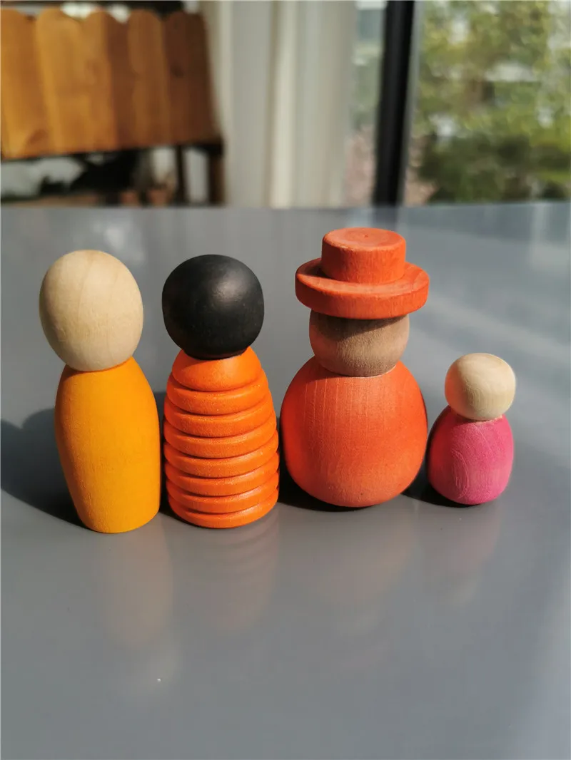 Wooden Montessori Toys Handmade Rainbow Peg Dolls Together Stacking Figurines Blocks For Children Open-ended Play