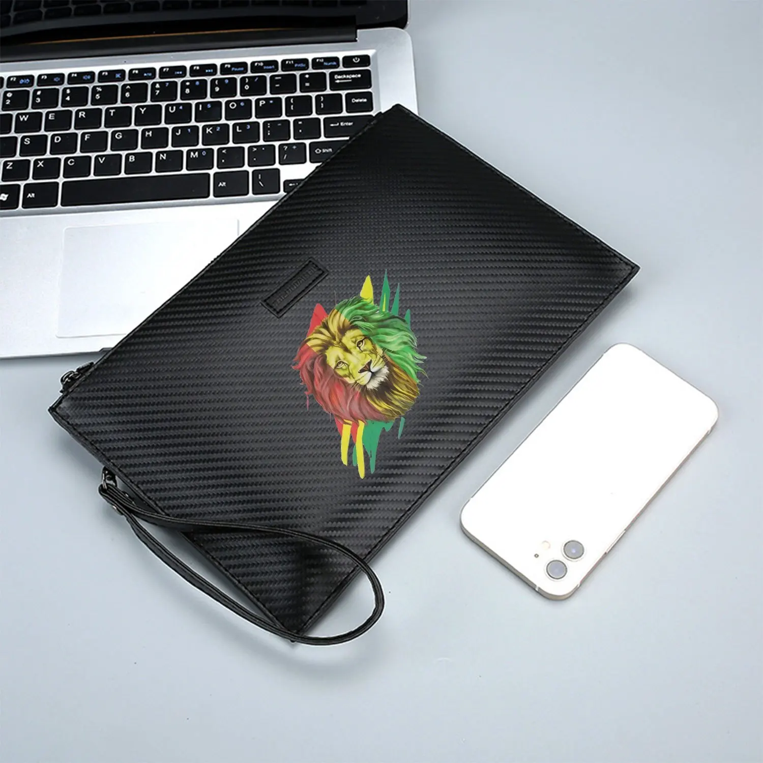 Lion head colors,red,yellow,green design. Elegant Printed PU Men's Handbag Fashionable and Practical for Everyday Carry