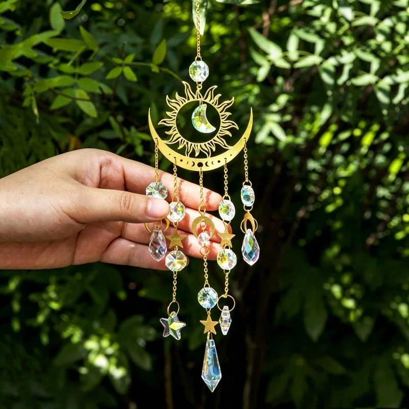 1Pc Hanging Golden Star & Moon Crystal Wind Chime, Outdoor Garden Sun Catcher, Beautiful Ornament for Holiday, Wedding, Party.