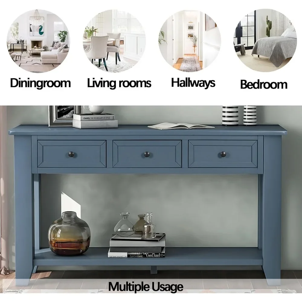 Console Table with Drawers and Long Shelf, Storage Cabinet Sofa Table with Round Handles