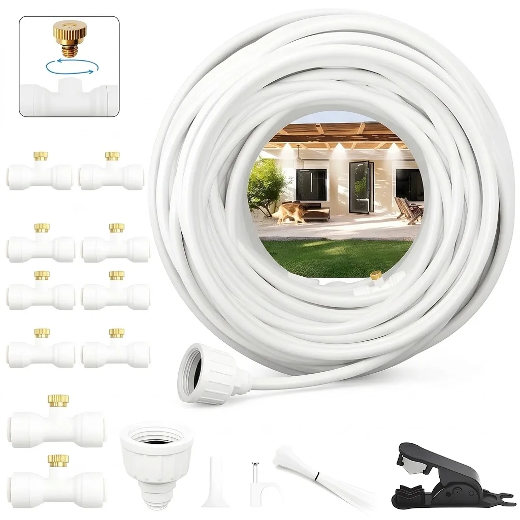 Outdoor Misting System for Cooling White Kit with Brass Adapter 3 4 Inch Mist Hose for Umbrella Canopy Backyard Use