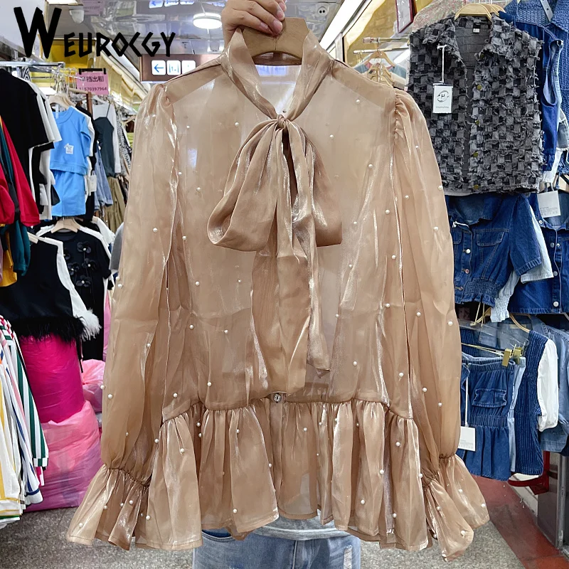 Women Blouses 2023 Autumn New Style Korean Edition New Style Versatile Fashion Bow Bandage See Through Elegant Long Sleeve Top