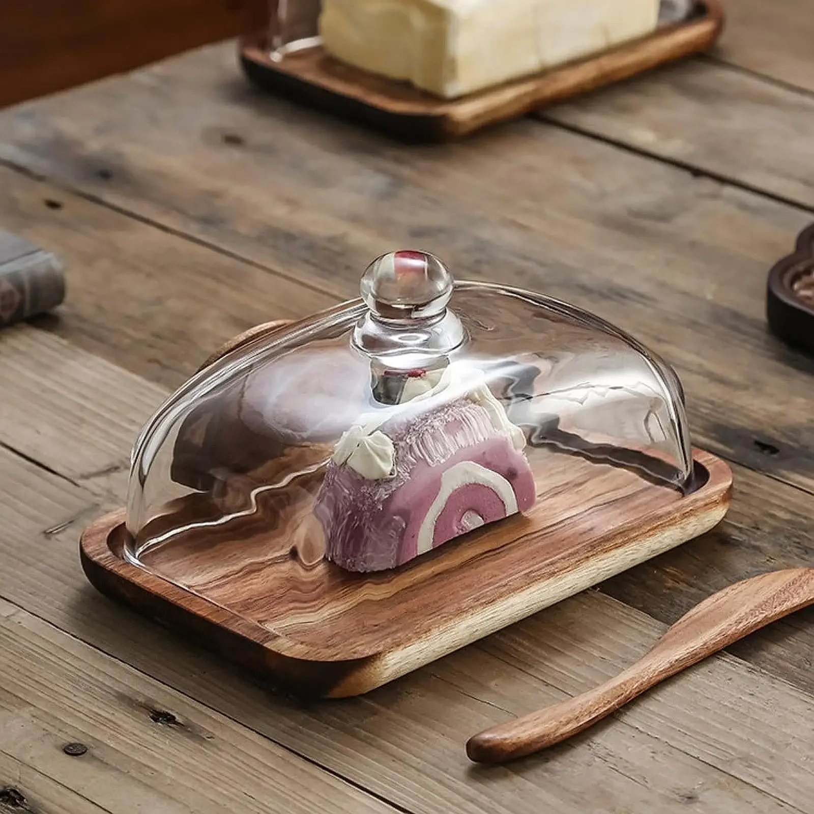 Wooden Butter Box Cake Stand Cheese Fresh-Keeping Box With Glass Dust Cover Snacks Storage Tray Baking Tool Holder Tray