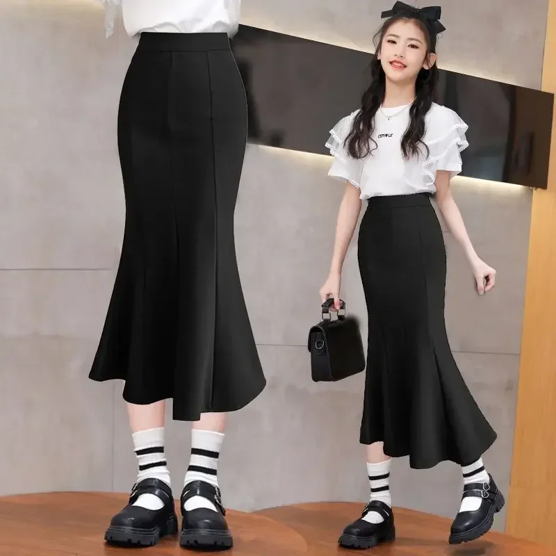 Kids Girls Black Fishtail Skirts 2024 New Arrival Teenage Girls Sweet mermaid Skirts Princess Dance Clothing Spring Autumn Skirt