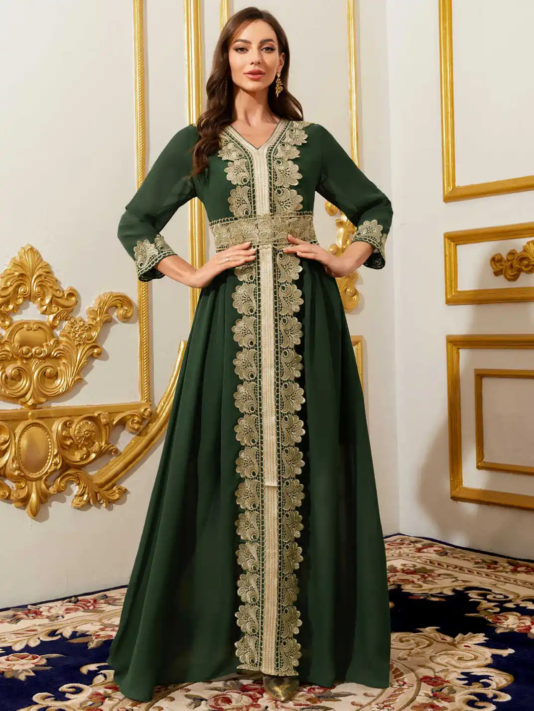 

Ближний Восток Дубай Арабский мусульманский халат с v-образным вырезом Кружевное расклешенное платье с вышивкой Элегантное ретро