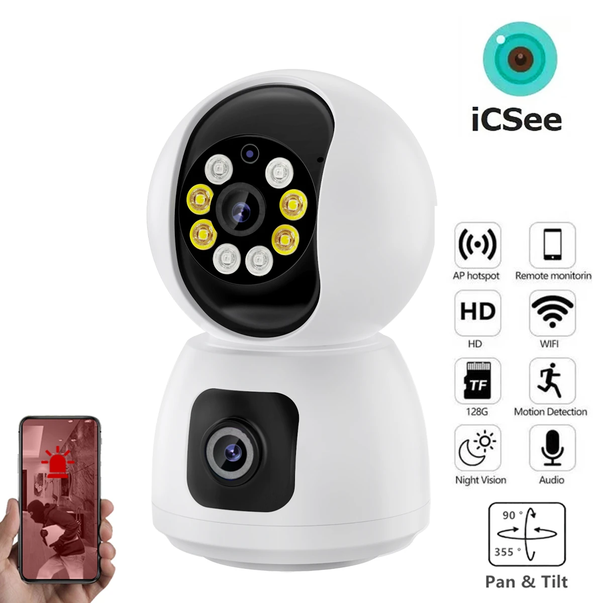 Dual Lens 4MP ICsee MINI Dome Camera WIFI 2.8mm Smart Home Security Wireless CCTV Indoor Camera Two Way Audio