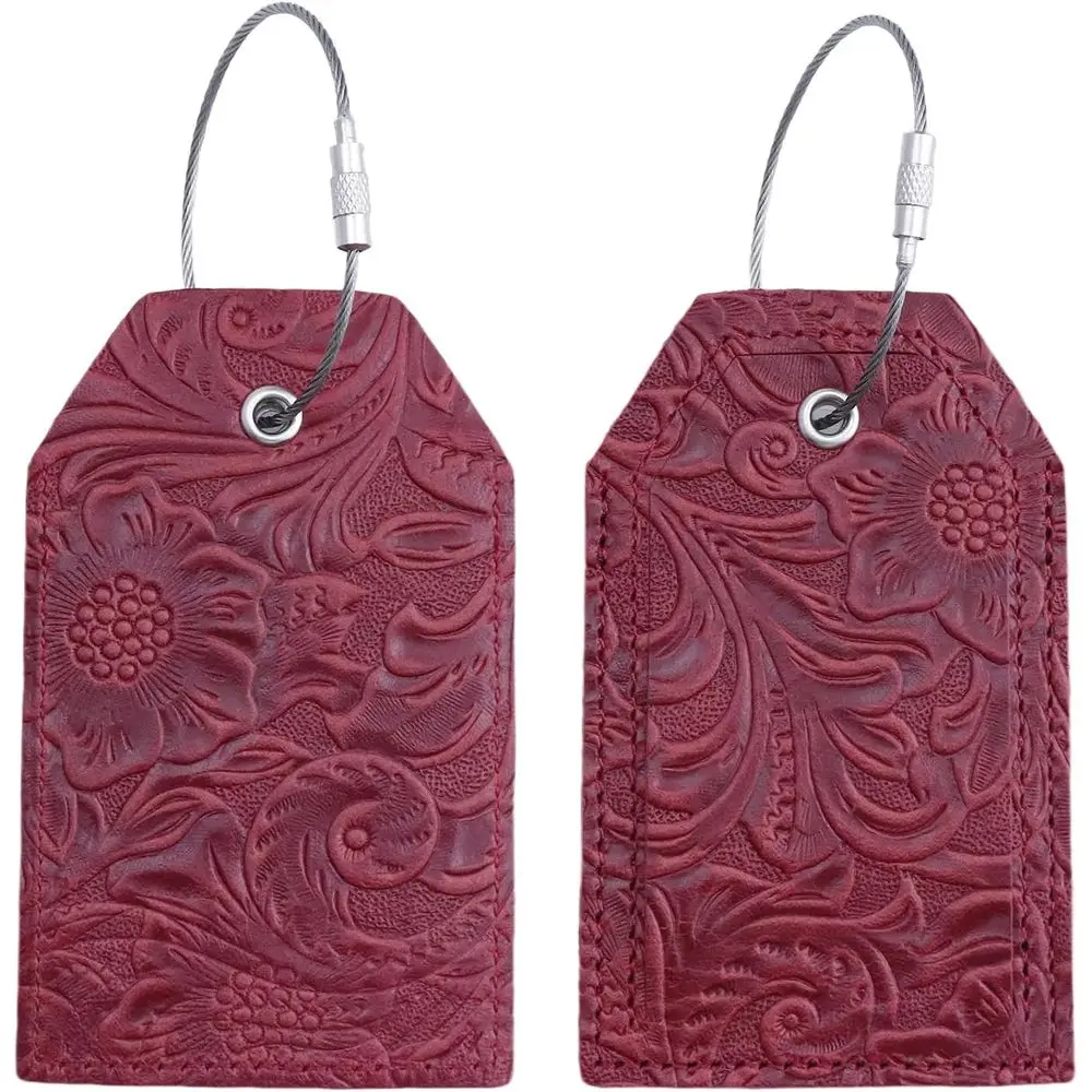 Leather Luggage Tags Set of 2 with Full Back Privacy ID Card Holders for Men and Women - Wine Red