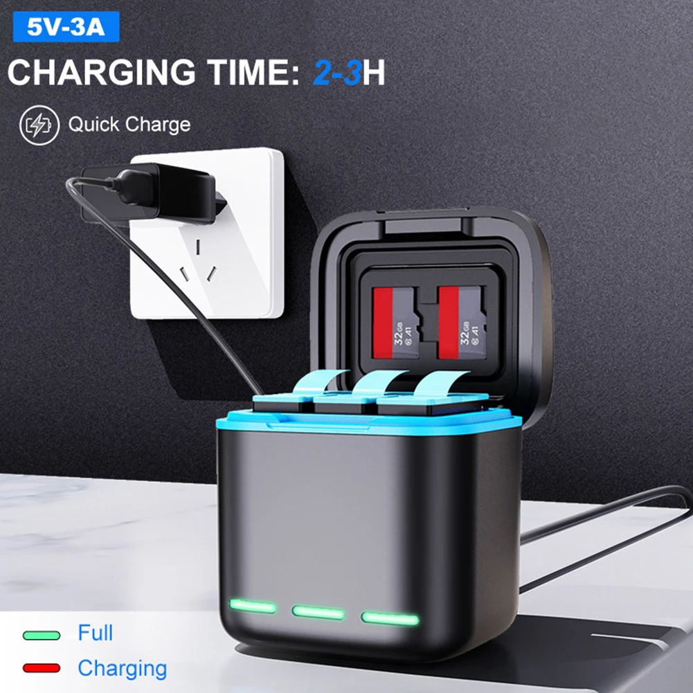 Cargador de batería de 3 canales con Cable tipo C, estación de carga de batería, 2 ranuras SD, caja de carga de almacenamiento para GoPro Hero Go Pro 8 7 6 5