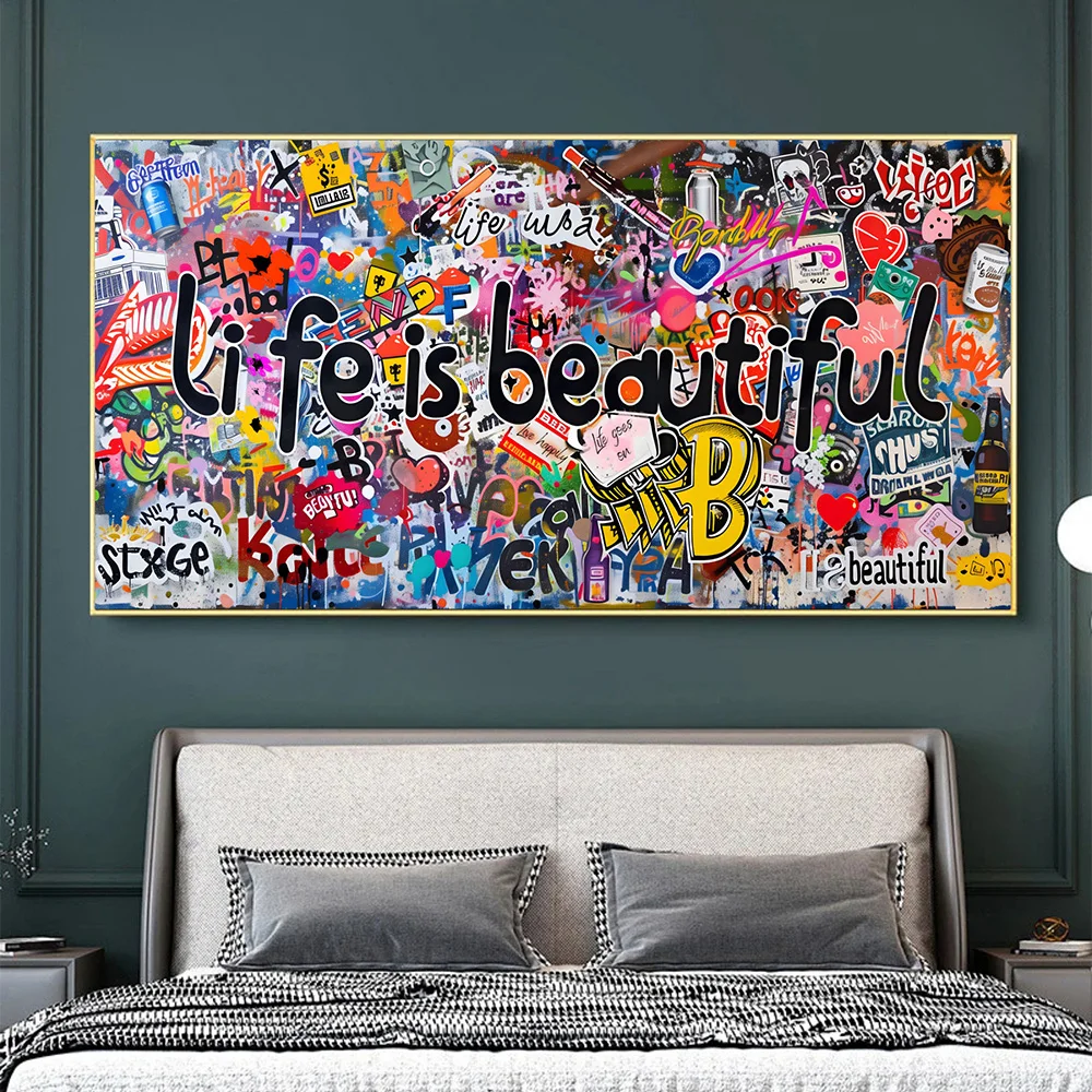 

Street Fashion Graffiti Art Posters Print Life Is Beautiful Words Canvas Painting Modern Wall Art Living Room Home Decor Cuadros