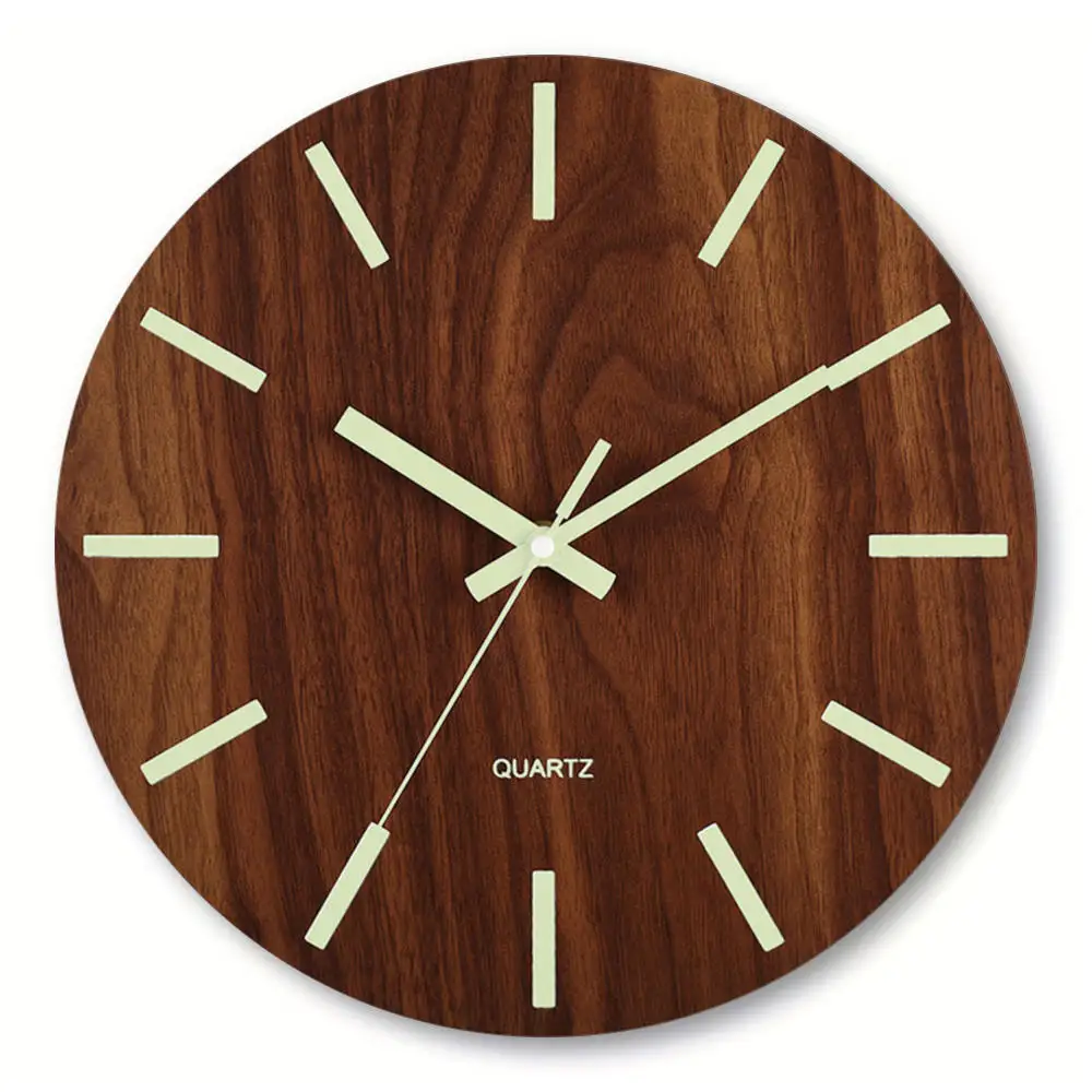 Silent Glow Wall Clock 12 Inch Wood Decorative Analog Timepiece Night Vision Luminous Numbers Modern Bedroom Kitchen