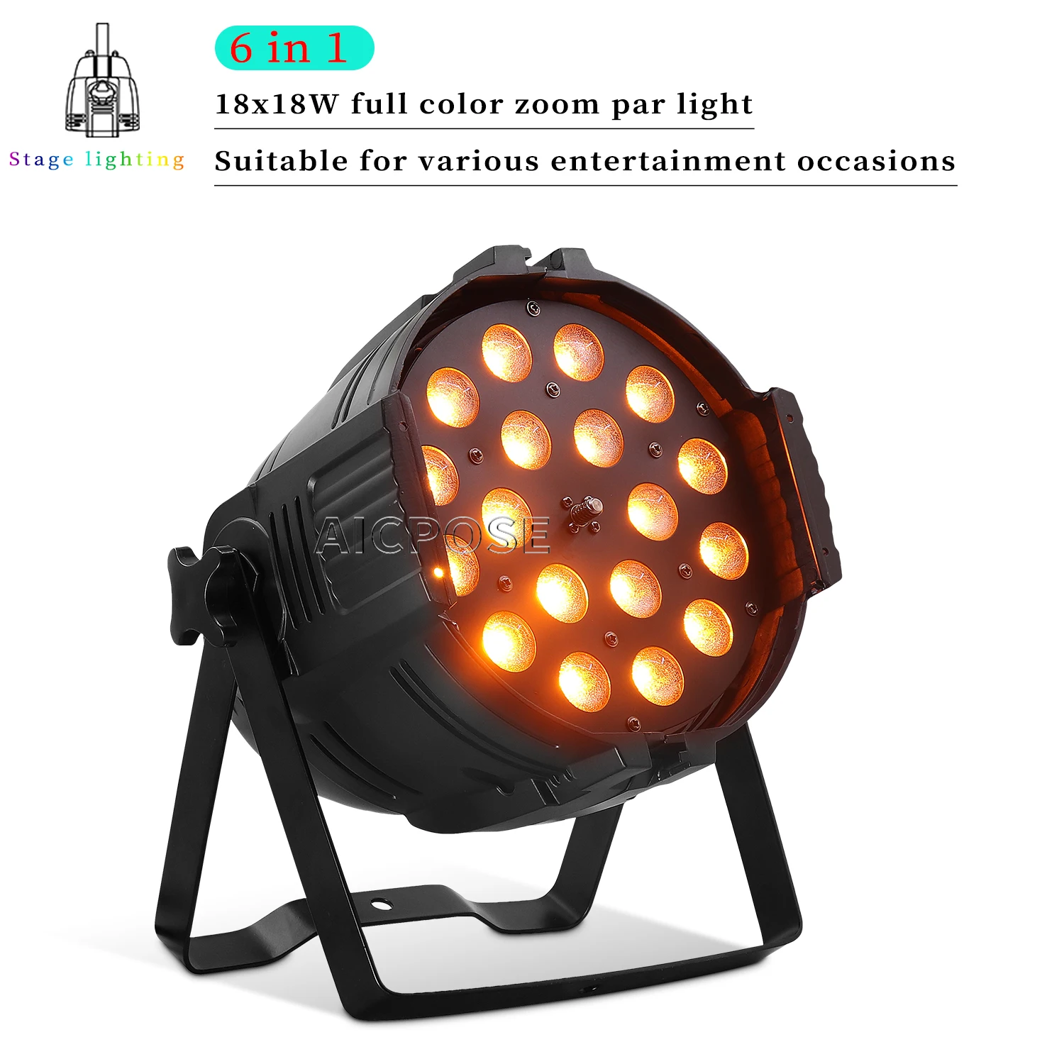 18x18W 6 in 1 RGBWA+UV LED Par Light with Zoom Function 10-45 Degree Dimmable DMX Control for DJ Disco Party Stage Lighting