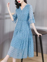 Blue Elegant Ploka Dot Chic Flare Sleeve Ruffled Dress Women Fashion Bodycon Casual Home Dress 2024 Korean Chic Evening Vestidos