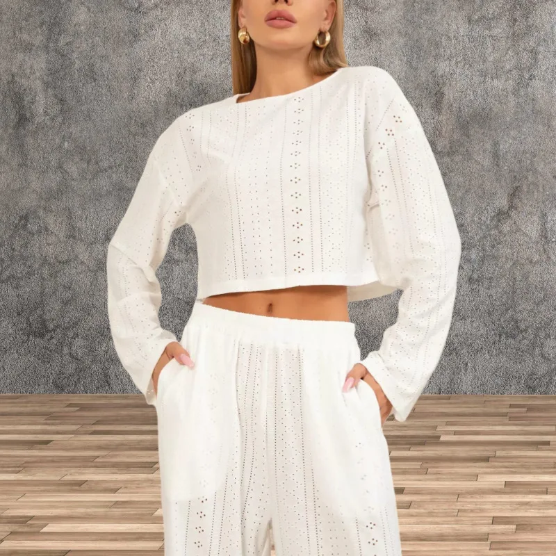 

SURI Women's Loose Openwork Jacquard Homewear suit long sleeved tops long pants Sexy Pajamas Set New Spring Summer Sleepwear